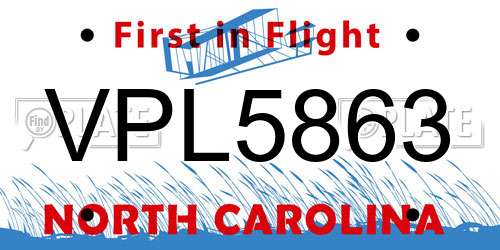VPL5863 North Carolina License Plate