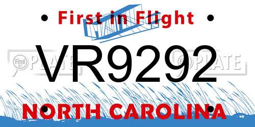 VR9292 North Carolina License Plate