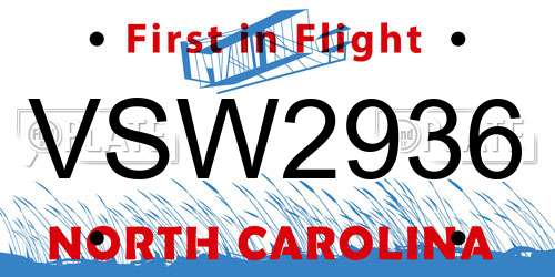 VSW2936 North Carolina License Plate
