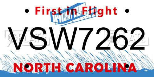 VSW7262 North Carolina License Plate