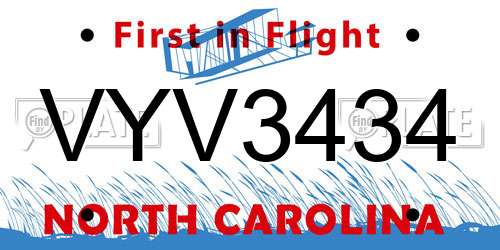 VYV3434 North Carolina License Plate