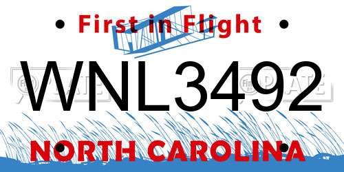 WNL3492 North Carolina License Plate
