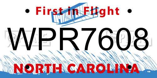 WPR7608 North Carolina License Plate