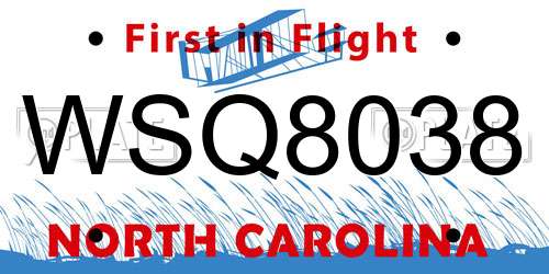 WSQ8038 North Carolina License Plate