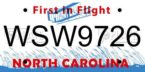 WSW9726 North Carolina License Plate