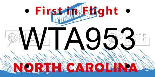 WTA953 North Carolina License Plate