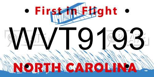WVT9193 North Carolina License Plate