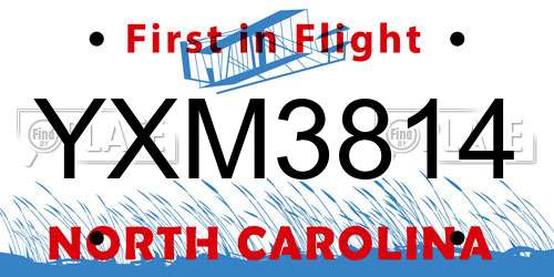 YXM3814 North Carolina License Plate