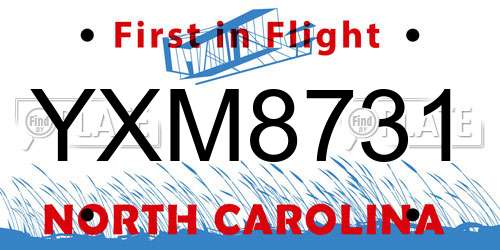 YXM8731 North Carolina License Plate