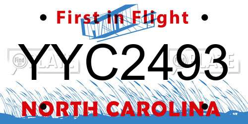 YYC2493 North Carolina License Plate