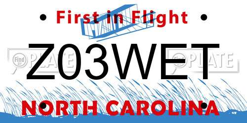 Z03WET North Carolina License Plate
