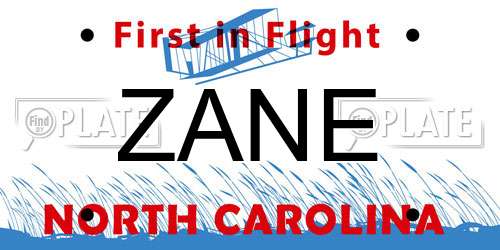 ZANE North Carolina License Plate