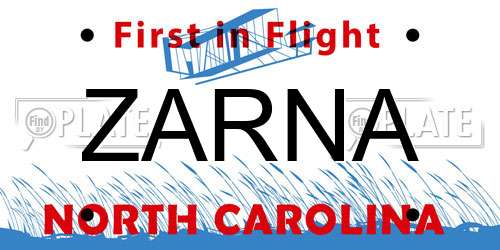 ZARNA North Carolina License Plate