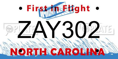 ZAY302 North Carolina License Plate