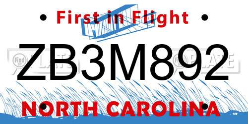 ZB3M892 North Carolina License Plate