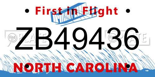 ZB49436 North Carolina License Plate