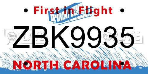 ZBK9935 North Carolina License Plate