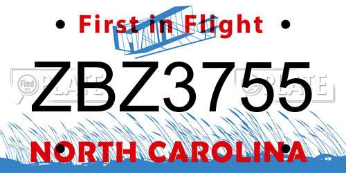 ZBZ3755 North Carolina License Plate
