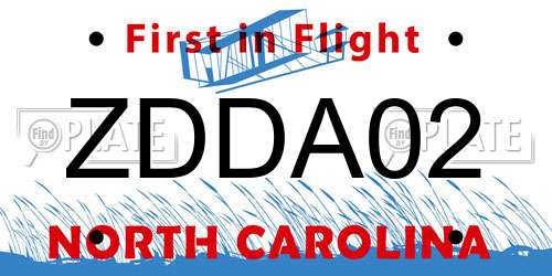 ZDDA02 North Carolina License Plate