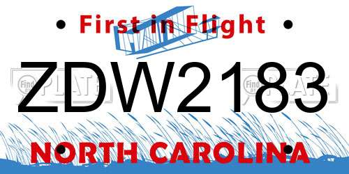 ZDW2183 North Carolina License Plate