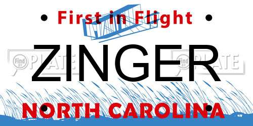 ZINGER North Carolina License Plate