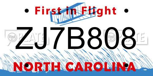 ZJ7B808 North Carolina License Plate