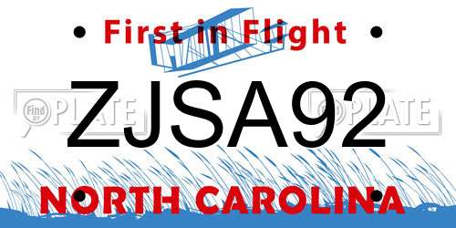 ZJSA92 North Carolina License Plate