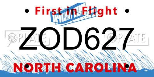 ZOD627 North Carolina License Plate
