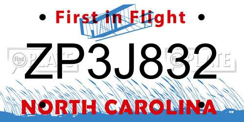 ZP3J832 North Carolina License Plate
