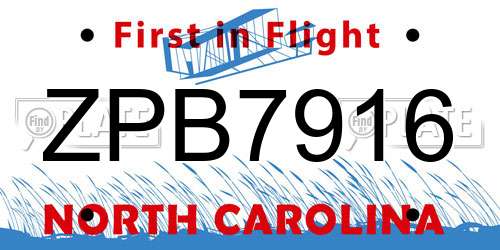 ZPB7916 North Carolina License Plate