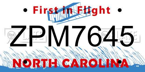 ZPM7645 North Carolina License Plate