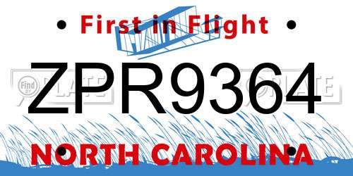 ZPR9364 North Carolina License Plate