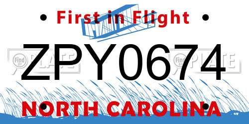 ZPY0674 North Carolina License Plate