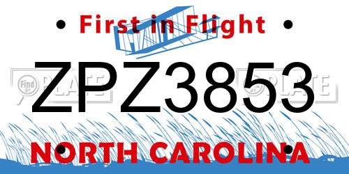 ZPZ3853 North Carolina License Plate