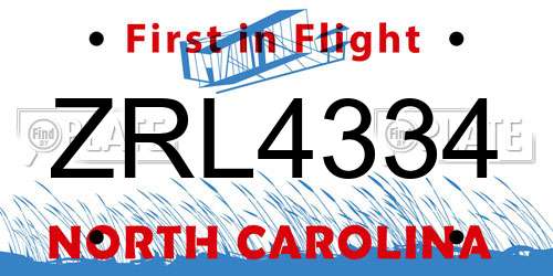 ZRL4334 North Carolina License Plate