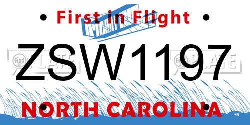 ZSW1197 North Carolina License Plate