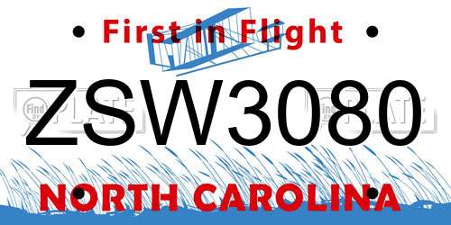 ZSW3080 North Carolina License Plate