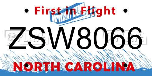 ZSW8066 North Carolina License Plate