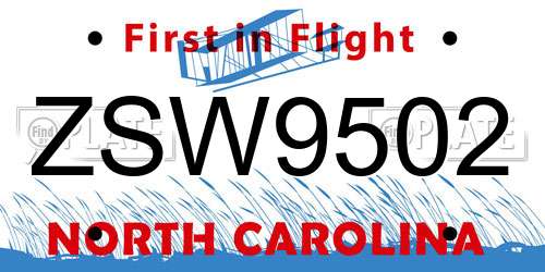 ZSW9502 North Carolina License Plate