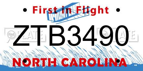 ZTB3490 North Carolina License Plate