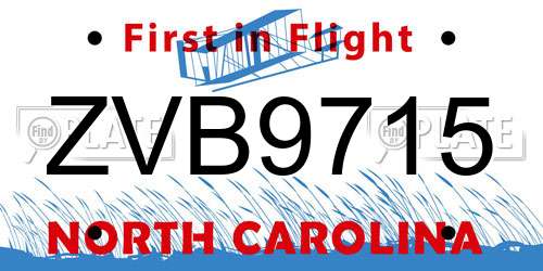 ZVB9715 North Carolina License Plate