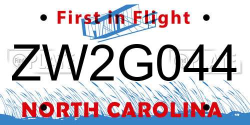 ZW2G044 North Carolina License Plate