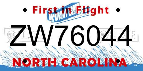 ZW76044 North Carolina License Plate