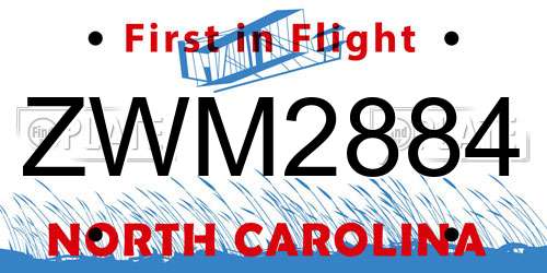ZWM2884 North Carolina License Plate