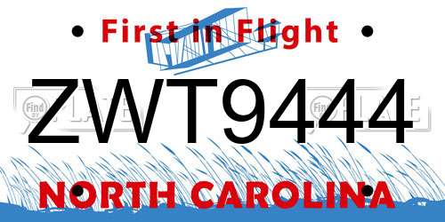 ZWT9444 North Carolina License Plate
