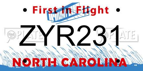 ZYR231 North Carolina License Plate