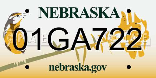 01GA722 Nebraska License Plate