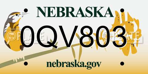 0QV803 Nebraska License Plate