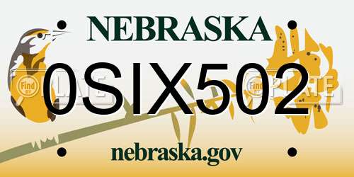 0SIX502 Nebraska License Plate
