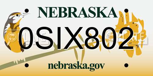 0SIX802 Nebraska License Plate